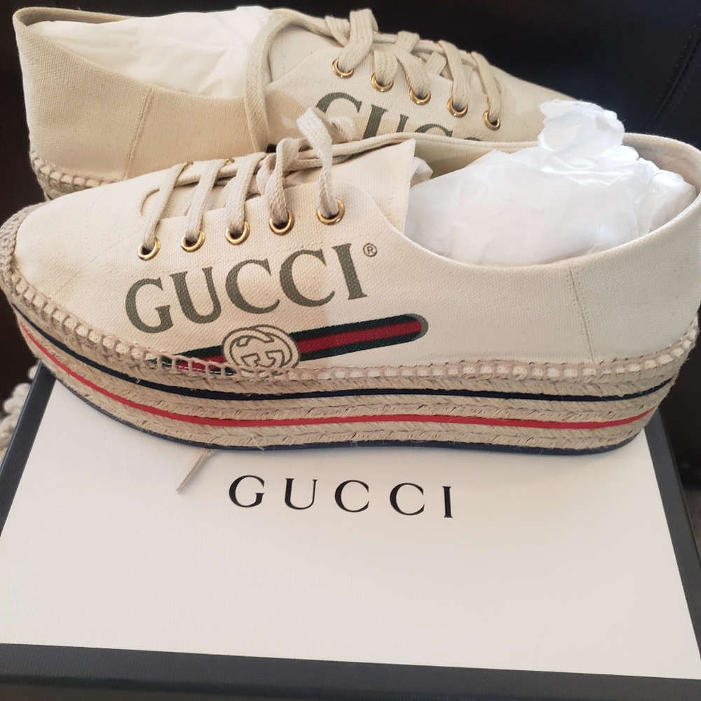 Gucci Cream Canvas Platform Espadrilles with Red and Navy Stripes - Picture 3 of 8